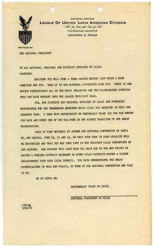 Primary view of object titled '[Letter from John J. Herrera to LULAC Officers - 1953-05-22]'.