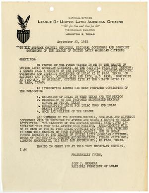 [Letter from John J. Herrera to LULAC Supreme Council Officers and Regional and District Governors - September 22, 1952]