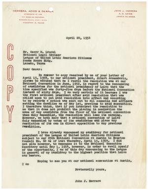 [Letter from John J. Herrera to Oscar M. Laurel - 1954-04-20]