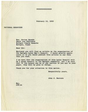 Primary view of object titled '[Letter from John J. Herrera to Carter Snooks - 1955-02-15]'.