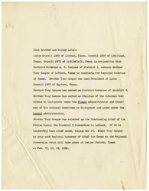 Primary view of object titled '[Statement endorsing Tony Campos as Candidate for Regional Governor of LULAC for Texas, February, 1956]'.
