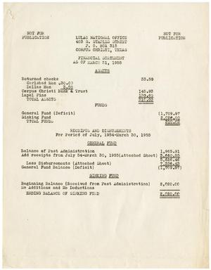 [League of United Latin American Citizens Financial Statement as of March 31, 1955]