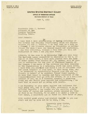 Primary view of object titled '[Letter from Manuel G. Vela to John J. Herrera - 1955-06-06]'.