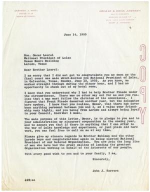 Primary view of object titled '[Letter from John J. Herrera to Oscar M. Laurel - 1955-06-14]'.