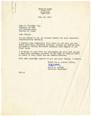 Primary view of object titled '[Letter from Oscar M. Laurel to John J. Herrera - 1955-06-27]'.