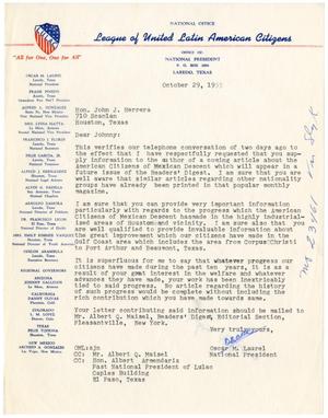 Primary view of object titled '[Letter from Oscar M. Laurel to John J. Herrera - 1955-10-29]'.