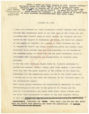 Primary view of object titled '[Draft of article by John J. Herrera - 1956-10-22]'.