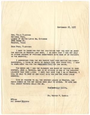 Primary view of object titled '[Letter from Hector P. Garcia to Felix Tijerina - 1957-09-18]'.