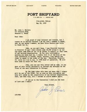 Primary view of object titled '[Letter from John J. Peres to John J. Herrera - 1959-05-23]'.