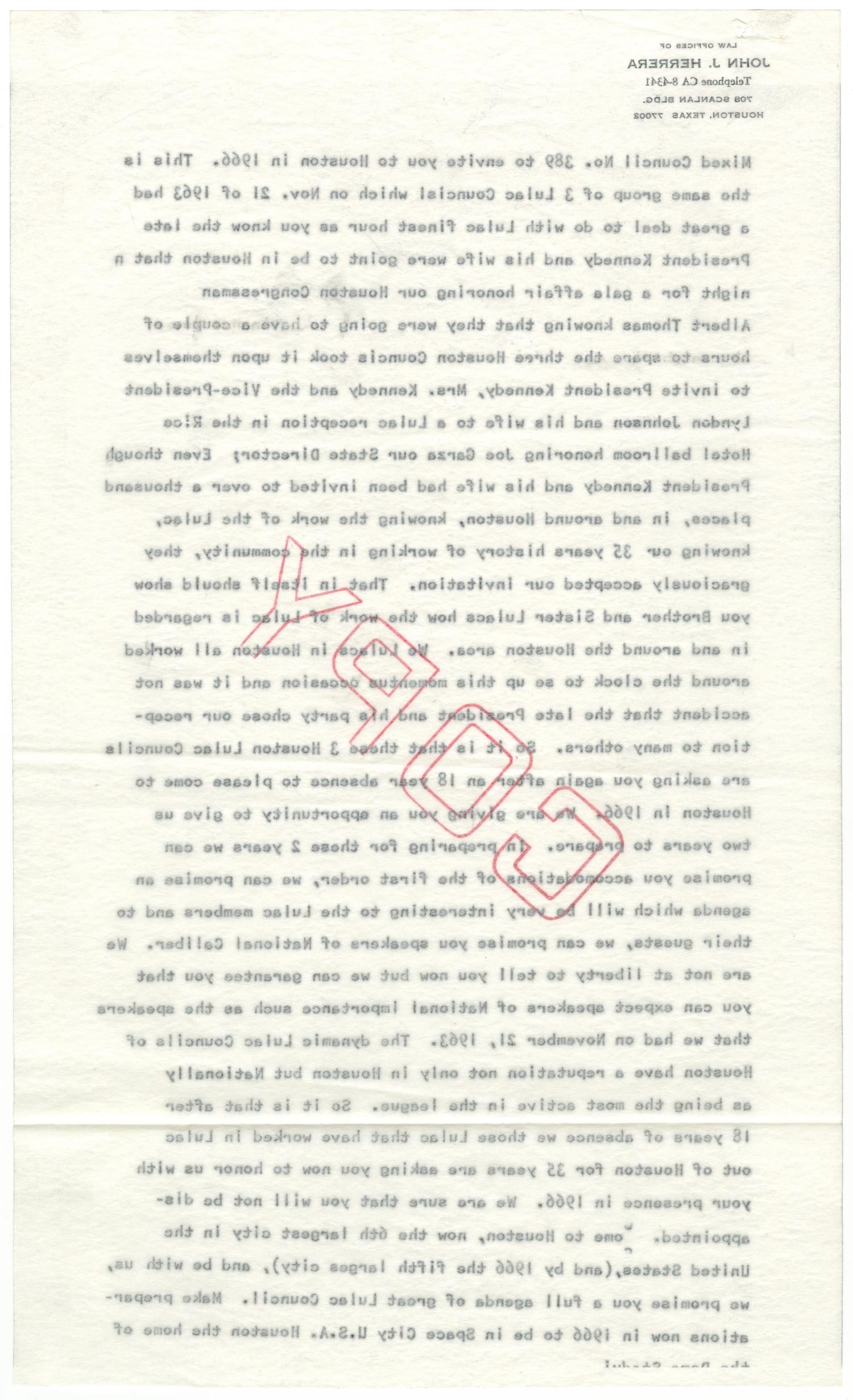 [Speech promoting Houston for the 1966 LULAC National Convention, by John J. Herrera]
                                                
                                                    [Sequence #]: 6 of 8
                                                