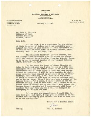 Primary view of object titled '[Letter from William D. Bonilla to John J. Herrera - 1961-01-23]'.