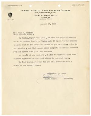 Primary view of object titled '[Letter from Justo Correa to John J. Herrera - 1960-08-17]'.