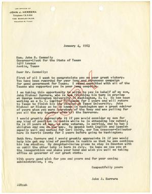 Primary view of object titled '[Letter from John J. Herrera to John B. Connally - 1963-01-04]'.