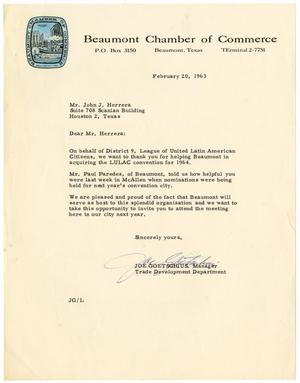 Primary view of object titled '[Letter from Joe Goetschius to John J. Herrera - 1963-02-20]'.