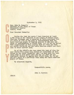 Primary view of object titled '[Letter from John J. Herrera to John B. Connally - 1963-09-09]'.