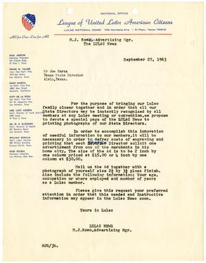 Primary view of object titled '[Letter from M. J. Romo to Joe Garza - 1963-09-27]'.
