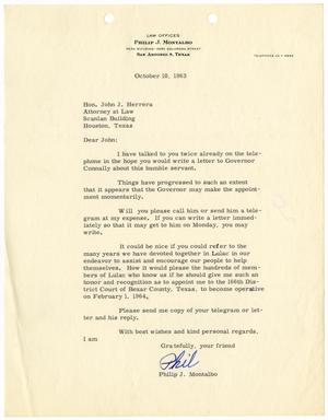 Primary view of object titled '[Letter from Philip J. Montablo to John J. Herrera - 1963-10-10]'.