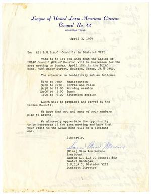 [Letter from Sara Ann Moreno to all LULAC Councils in District VIII - 1964-04-03]
