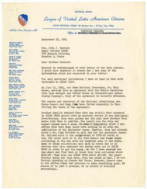 Primary view of object titled '[Letter from J. C. Machuca to John J. Herrera - 1964-09-29]'.