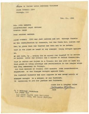 Primary view of object titled '[Letter from Marcus Lujan to John J. Herrera - 1964-11-21]'.