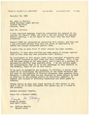 Primary view of object titled '[Letter from Frank M. Valdez to John J. Herrera - 1964-12-10]'.