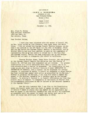 Primary view of object titled '[Letter from John J. Herrera to Frank M. Valdez - 1964-12-11]'.