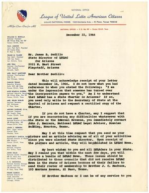 Primary view of object titled '[Letter from William D. Bonilla to James B. Sedillo - 1964-12-22]'.