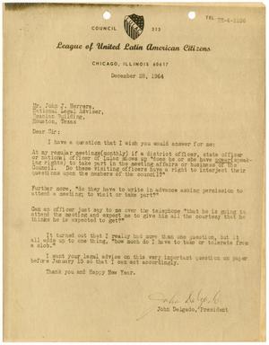 Primary view of object titled '[Letter from John Delgado to John J. Herrera - 1964-12-28]'.