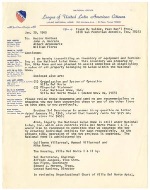 Primary view of [Letter from Frank M. Valdez to Hector Godinez, John J. Herrera, Albert Armendariz, and William Flores, page one - 1965-01-29]