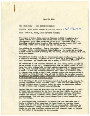 Primary view of object titled '[LULAC Annual Banquet Press Release, February 18, 1966]'.