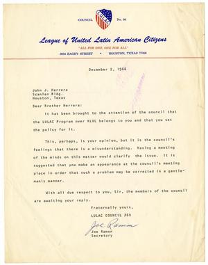 [Letter from Joe Ramon to John J. Herrera - 1966-12-02]