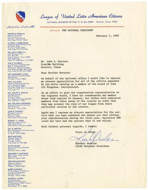 Primary view of object titled '[Letter from Roberto Ornelas to John J. Herrera - February 5, 1968]'.