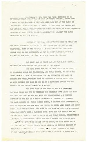 Primary view of object titled '[Draft of speech by John J. Herrera for the 42nd National Convention of LULAC, page one - 1971-02-13]'.