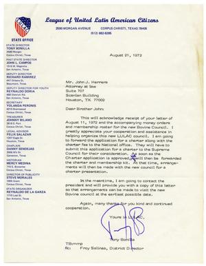 Primary view of object titled '[Letter from Tony Bonilla to John J. Herrera - 1972-08-21]'.