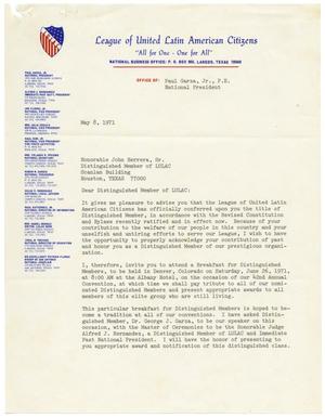 Primary view of object titled '[Letter from Paul Garza, Jr., to John J. Herrera - 1971-05-08]'.