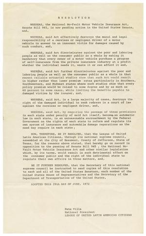 Primary view of object titled '[Resolution from LULAC opposing US Senate Bill 945, The National No-Fault Motor Vehicle Insurance Act 1972]'.