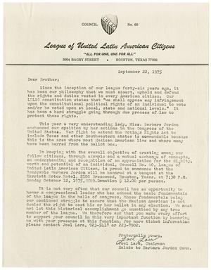 Primary view of object titled '[Letter from Joel Lara to members of LULAC - 1975-09-22]'.