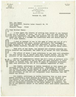 Primary view of object titled '[Letter from John J. Herrera to Joe Ramon - 1975-10-21]'.
