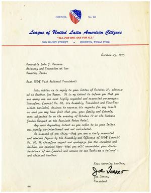 Primary view of object titled '[Letter from Joe Torres to John J. Herrera - 1975-10-25]'.