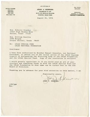 Primary view of object titled '[Letter from John J. Herrera to Roberto Ornelas and William Bonilla - 1976-08-24]'.