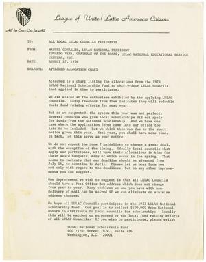 [Memorandum from Manuel Gonzales and Eduardo Pena to all LULAC Council Presidents - 1976-08-17]