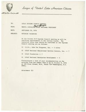 [Memorandum from Manuel Gonzales to LULAC Supreme Council members - 1976-09-29]