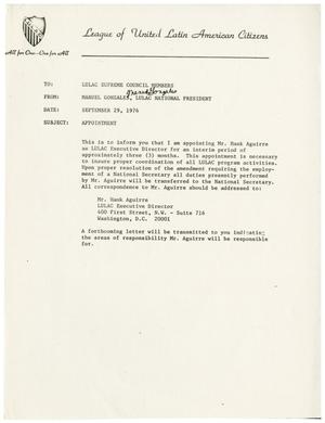 [Memorandum from Manuel Gonzales to LULAC Supreme Council members - 1976-09-29]