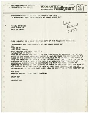 Primary view of object titled '[Mailgram from Ray A. Gano to Manuel Gonzales - 1976-12-07]'.