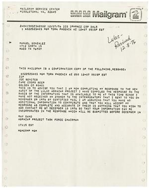 Primary view of object titled '[Mailgram to Manuel Gonzales from Ray A. Gano and letter from Joseph R. Benites to Ray A. Gano - 1976-12-07]'.