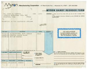 Primary view of object titled '[Myron Manufacturing Corporation Handy Reorder Form]'.