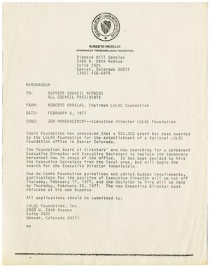 Primary view of object titled '[Memorandum from Roberto Ornelas to LULAC Supreme Council members and all Council Presidents - 1977-02-08]'.