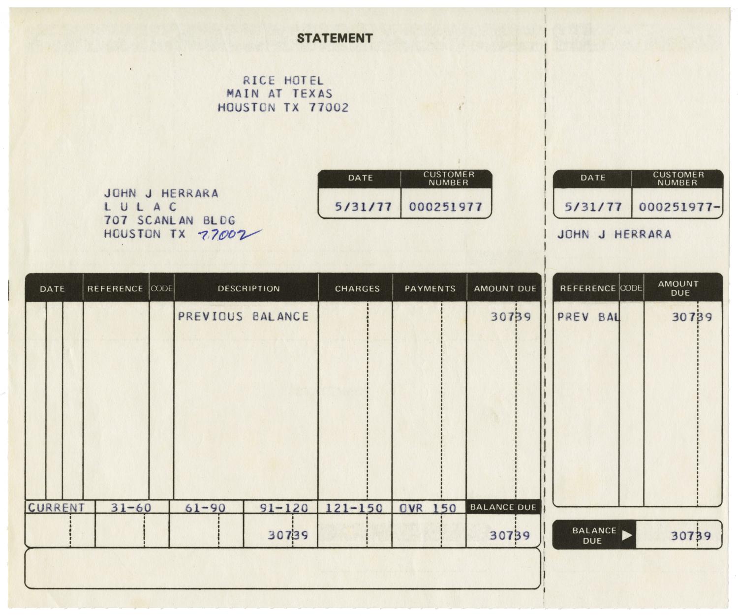 [Bill for John J. Herrera from the Rice Hotel - 1977-05-31]
                                                
                                                    [Sequence #]: 1 of 2
                                                