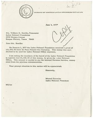 [Letter from Manuel Gonzales to William D. Bonilla with mailgram from William D. Bonilla to Manuel Gonzales - 1977]