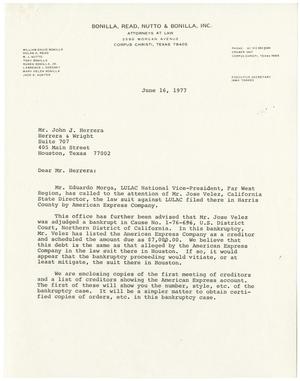 Primary view of object titled '[Letter from Bonilla, Read, Nutto & Bonilla, Inc. to John J. Herrera - June 16, 1977]'.